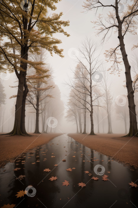 Скачать Осенний пейзаж с туманными деревьями и дорогой в парке фотосток Ozero