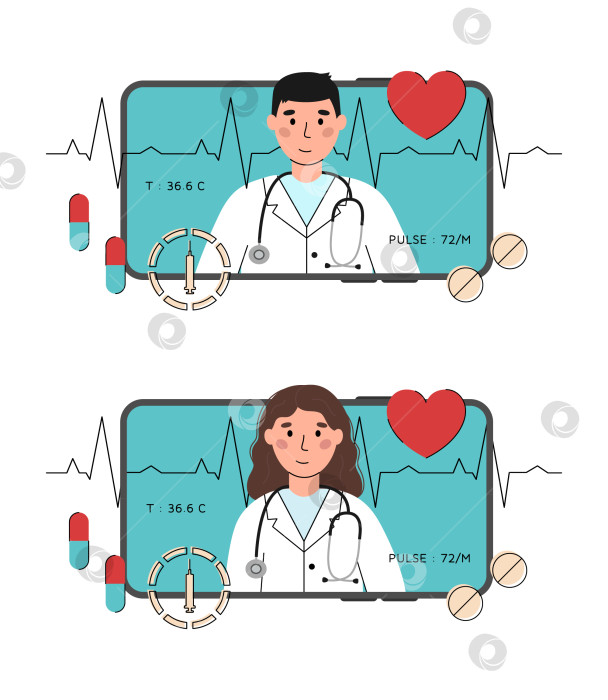 Скачать Концепция онлайн-консультации с врачом. Экран смартфона с изображением женщины или мужчины-терапевта фотосток Ozero