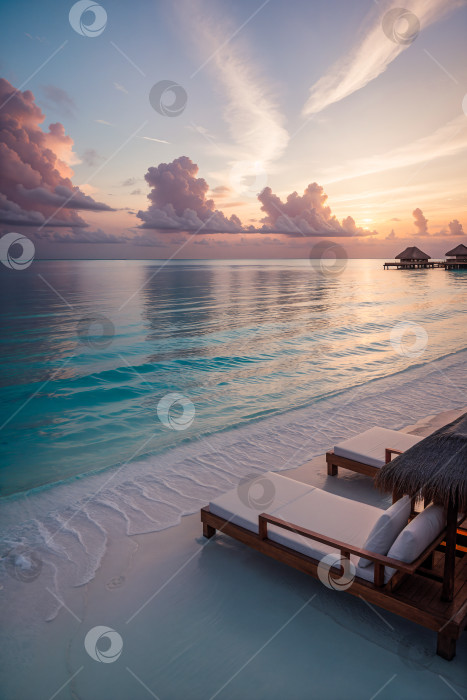 Скачать Прекрасный закат на Мальдивском острове с несколькими пальмами и голубой лагуной фотосток Ozero