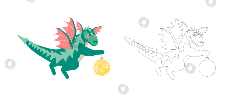Скачать Детская раскраска - зеленый дракон с елочным шаром фотосток Ozero
