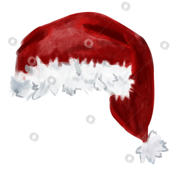 Скачать Акварельная изолированная иллюстрация шляпы Санты на белом фоне. Рождественская иллюстрация, нарисованная от руки праздничная красная пушистая шапка Санты для дизайна упаковки фотосток Ozero