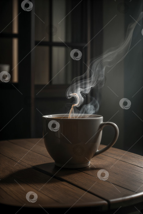 Скачать Белая кружка с горячим дымящимся напитком на деревянном столе фотосток Ozero