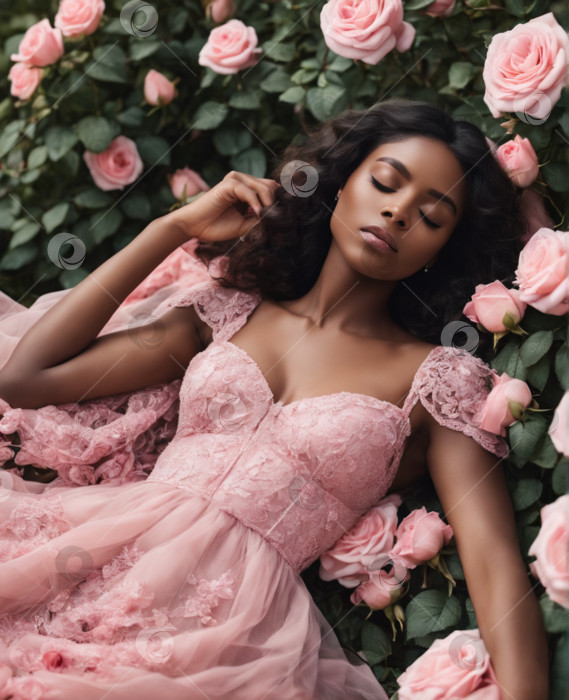 Скачать красивая девушка в нежном розовом платье отдыхает среди розовых кустов. молодая девушка, мечтающая в розовых кустах фотосток Ozero