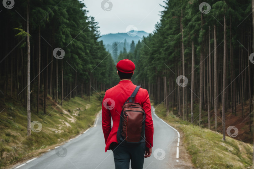 Скачать молодой человек в ярко-красном костюме, берете и кожаном рюкзаке идет по дороге между лесом. Яркая свежая модная иллюстрация. фотосток Ozero