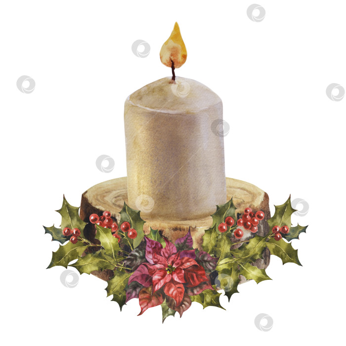 Скачать Белые свечи на деревянных подставках с рождественским цветочным декором, акварельными разводами на белом фоне для украшения в Новый год и Рождество. Иллюстрация, выделенная на белом фоне. фотосток Ozero