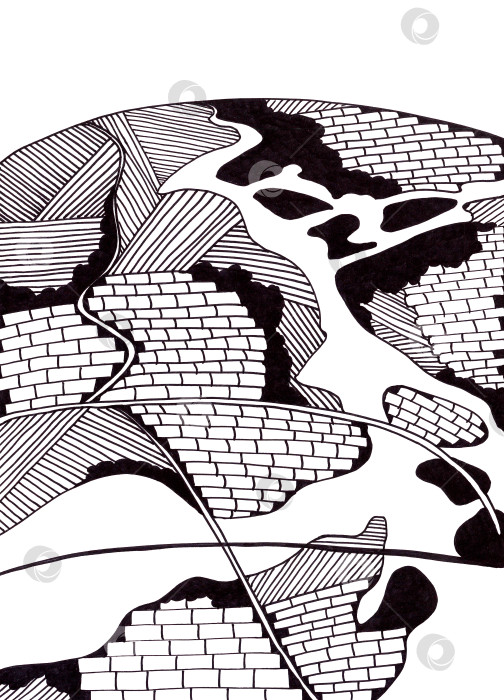 Скачать Стилизованное изображение земной поверхности с рекой, зданиями, лесом, полями. Черно-белый геометрический узор. Декоративная графическая иллюстрация ручной работы. Симпатичный абстрактный пейзаж с дугообразным горизонтом. фотосток Ozero
