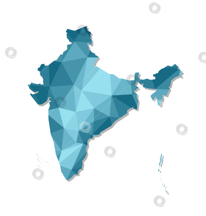 Скачать Значок векторной изолированной иллюстрации с упрощенным синим силуэтом карты Индии. Многоугольный геометрический стиль, треугольные формы. Белый фон. фотосток Ozero