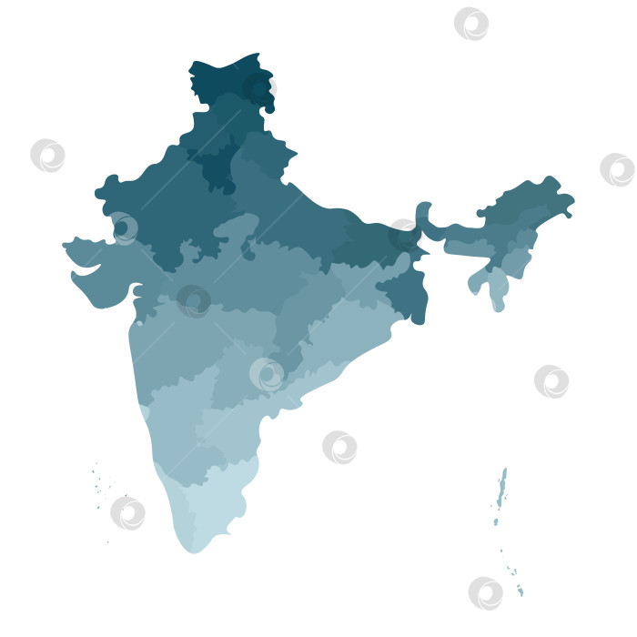 Скачать Векторная изолированная иллюстрация упрощенной административной карты Индии. Границы государств. Яркие силуэты синего цвета хаки фотосток Ozero