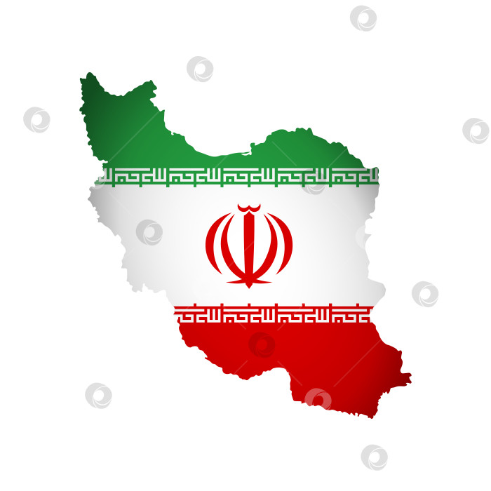 Скачать Векторная изолированная иллюстрация с национальным флагом Ирана в форме карты Исламской Республики Иран (упрощенная). Объемная тень на карте. Белый фон фотосток Ozero