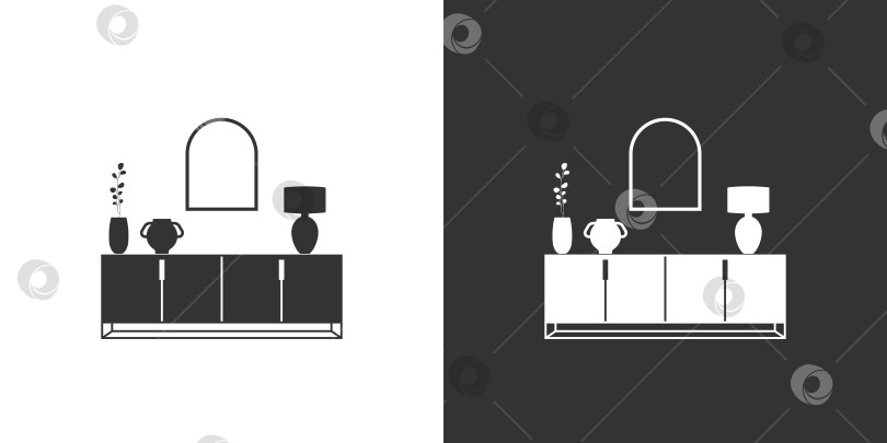 Скачать Мебельная иконка с тумбочкой. Интерьерная иконка на черном и белом фоне фотосток Ozero