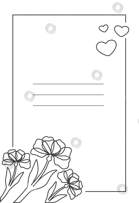 Скачать Прямоугольная раскраска с местом для текста с контурными цветами, сердечками внутри, белым фоном фотосток Ozero