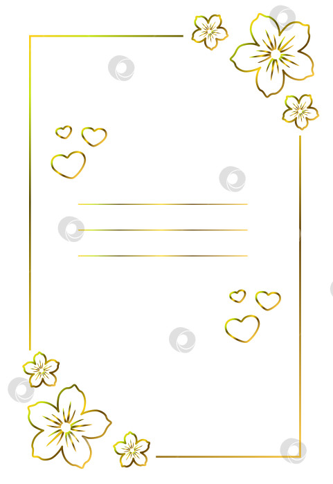 Скачать Прямоугольная золотая открытка с местом для текста, контурными цветами по углам, сердечками, белым фоном фотосток Ozero