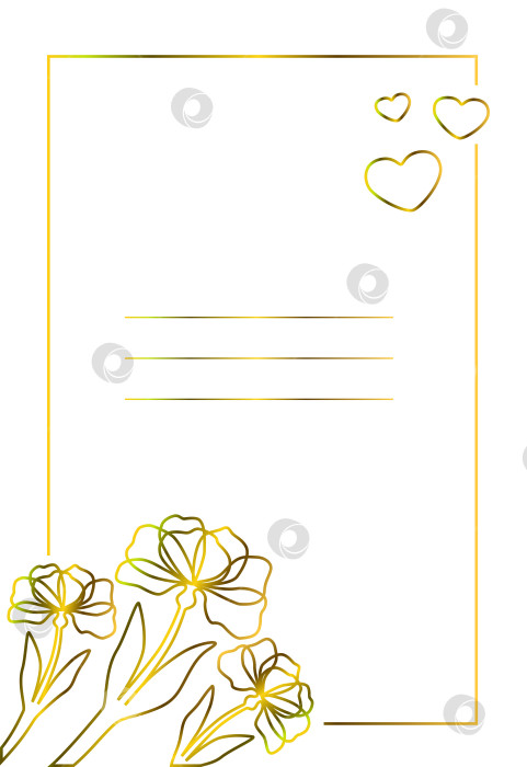 Скачать Прямоугольная золотая открытка с местом для текста с контурными цветами в углу на белом фоне фотосток Ozero