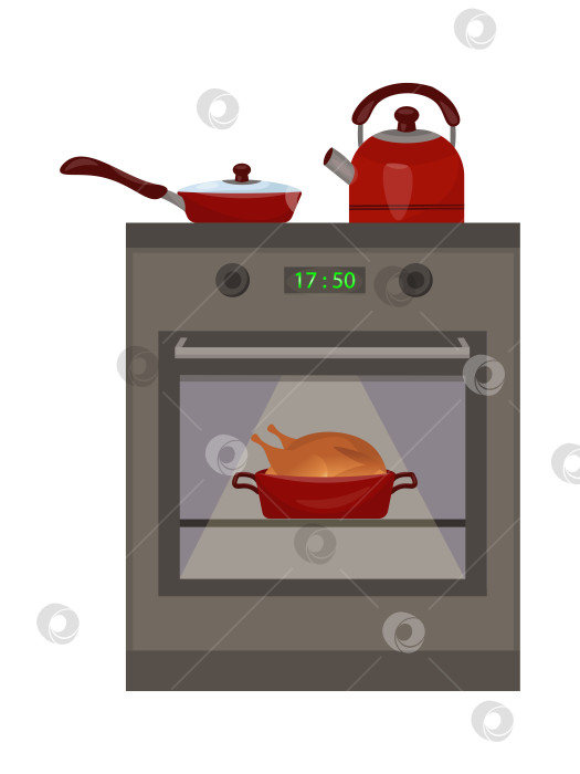 Скачать Кухонная плита. На плите есть красная сковорода и чайник. Индейка запекается в духовке. Векторная иллюстрация в плоском мультяшном стиле фотосток Ozero