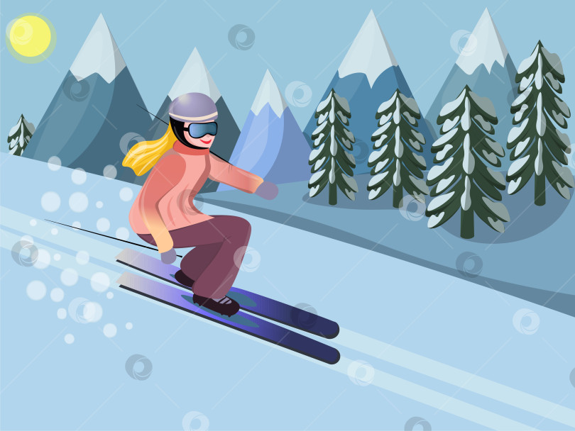 Скачать Женщина катается на лыжах. Зимний пейзаж в горах. Векторная иллюстрация в плоском мультяшном стиле фотосток Ozero