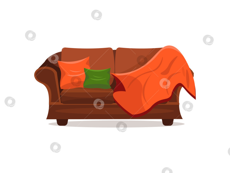Скачать Уютный мягкий диван с пледом и подушками на белом фоне. Векторная иллюстрация в мультяшном плоском стиле фотосток Ozero