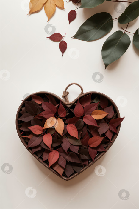 Скачать Деревянная тарелка в форме сердца с осенними листьями фотосток Ozero