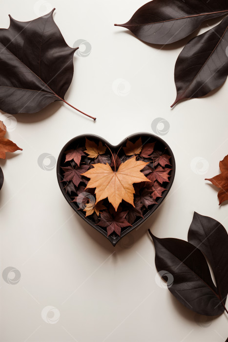 Скачать Золотые осенние листья в черной чаше в форме сердца фотосток Ozero