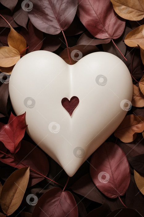 Скачать Подушка с белым сердечком лежит в осенних листьях фотосток Ozero