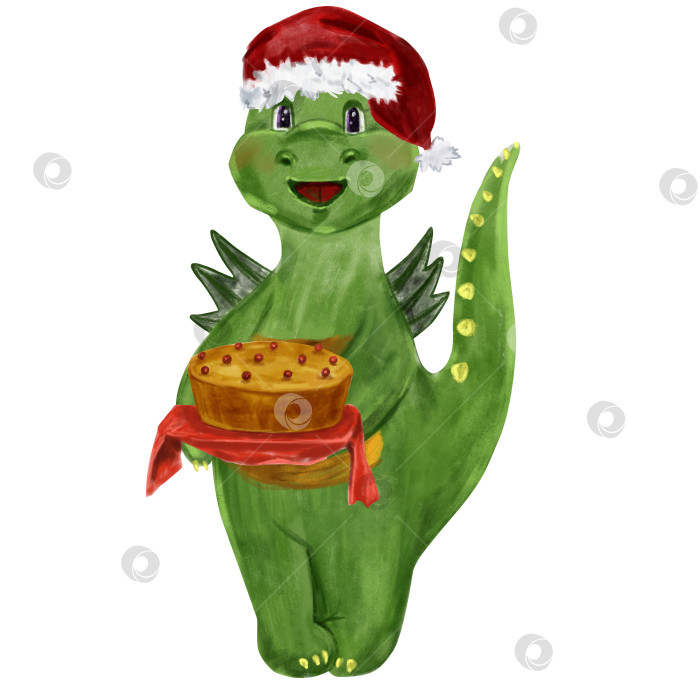Скачать Изолированная акварельная иллюстрация милого зеленого дракона в рождественской шляпе с праздничным тортом, символом динозавра 2024 года, нарисованным от руки символом Нового года фотосток Ozero