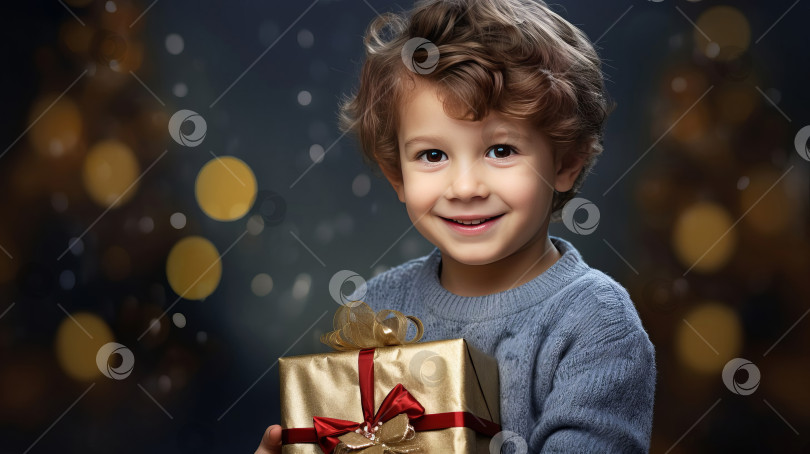 Скачать Маленький мальчик держит в руках подарочную коробку с рождественским или новогодним подарком. Созданный искусственный интеллект. фотосток Ozero