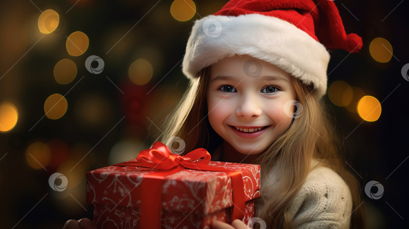 Скачать Маленький мальчик держит в руках подарочную коробку с рождественским или новогодним подарком. Созданный искусственным интеллектом фотосток Ozero