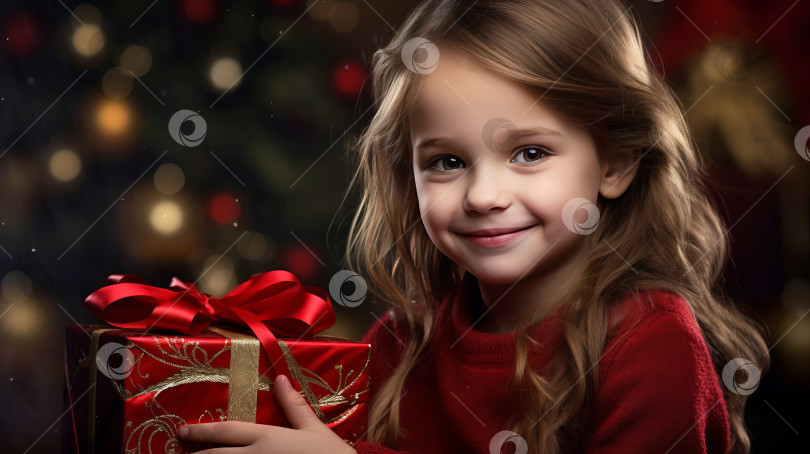 Скачать Маленький мальчик держит в руках подарочную коробку с рождественским или новогодним подарком. Созданный искусственным интеллектом фотосток Ozero