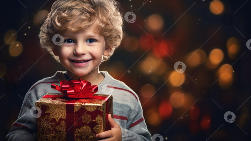 Скачать Маленький мальчик держит в руках подарочную коробку с рождественским или новогодним подарком. Созданный искусственный интеллект. фотосток Ozero