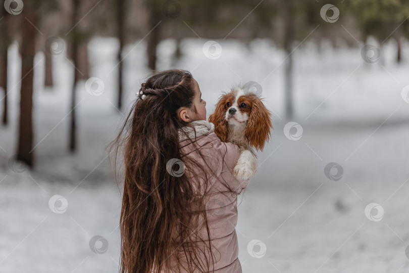 Скачать Милая девушка играет с собакой в зимнем парке, лесу фотосток Ozero