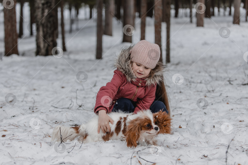 Скачать Маленькая девочка играет с собакой в зимнем парке, лесу фотосток Ozero
