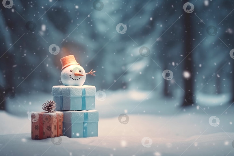 Скачать Забавный снеговик с подарками в заснеженном лесу указывает направление. Пространство для копирования. Открытка, приглашение на Рождество и Новый год фотосток Ozero