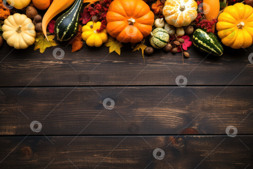 Скачать Осенний фон стола в День благодарения, концепция осеннего сбора урожая продуктов питания. Генеративный искусственный интеллект. фотосток Ozero