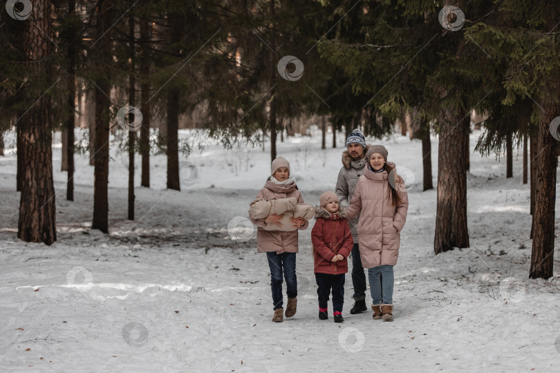 Скачать Семейная прогулка по зимнему лесу фотосток Ozero