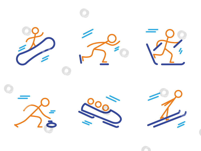 Скачать Значки зимних видов спорта. Сноубординг катание на коньках лыжи бобслей прыжки с трамплина керлинг. Векторная иллюстрация фотосток Ozero