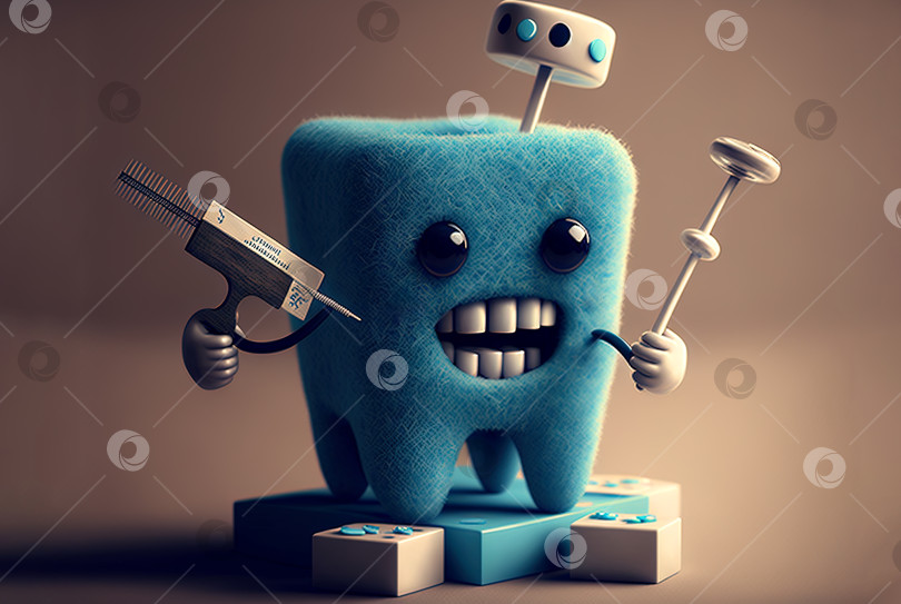 Скачать Забавный плакат на День стоматолога с изображением зубов в ретро-стиле и винтажного оборудования. Сгенерированный искусственный интеллект. фотосток Ozero