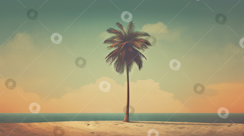 Скачать Пальма на песке пляжа. Сцена отдыха с пальмой на береговой линии. Генеративный искусственный интеллект. фотосток Ozero