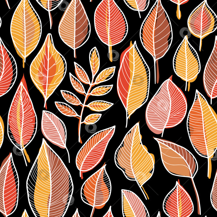 Скачать Цветочный узор с белым контуром и красными, оранжевыми, желтыми осенними листьями на черном фоне фотосток Ozero