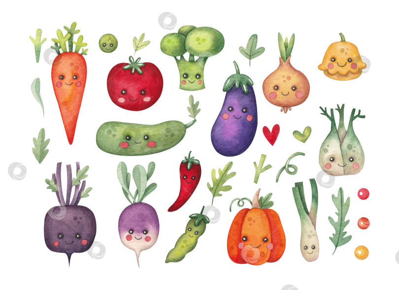 Скачать Сервиз с симпатичными овощами: морковью, тыквой, брокколи, помидорами и другими. фотосток Ozero