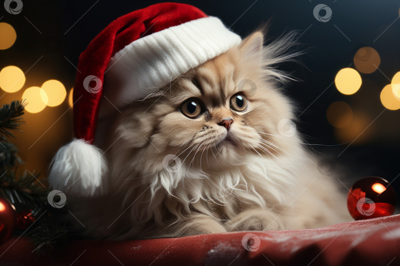 Скачать Милый маленький котик возле рождественской елки с гирляндой. Генеративный искусственный интеллект. фотосток Ozero