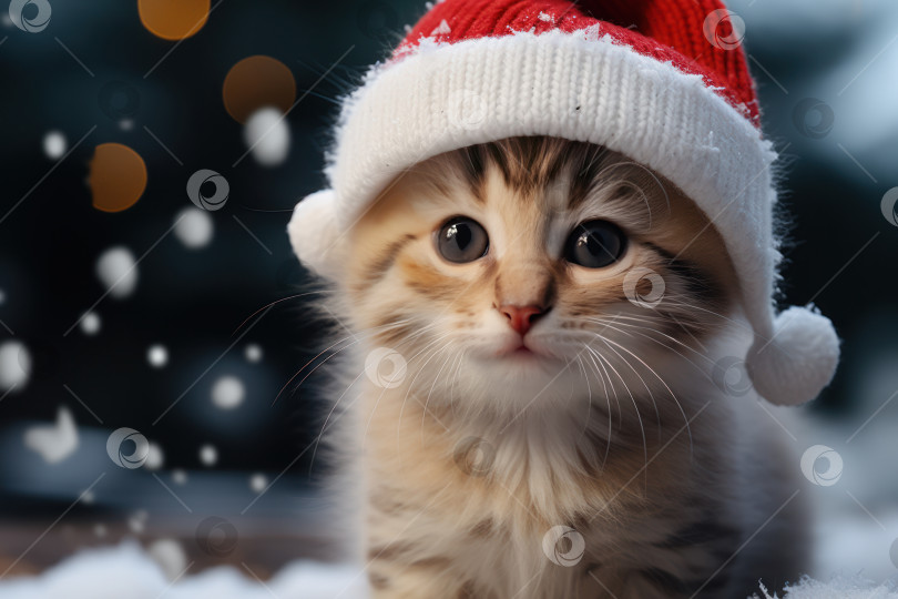 Скачать Милый маленький котик возле рождественской елки с гирляндой. Генеративный искусственный интеллект. фотосток Ozero