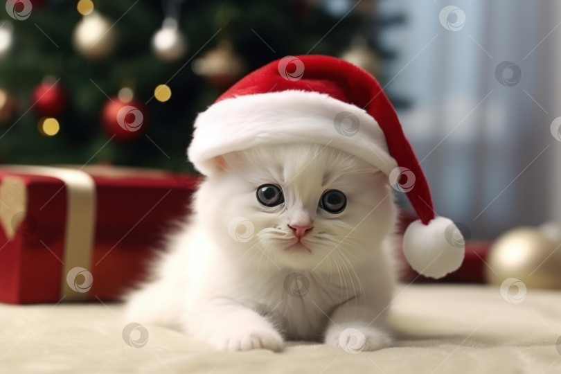 Скачать Милый маленький белый котик возле рождественской елки с гирляндой. Генеративный искусственный интеллект. фотосток Ozero
