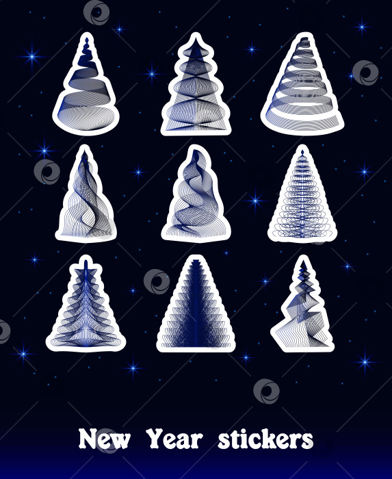 Скачать Набор современных наклеек на рождественскую елку, красивых с белым контуром и синим градиентом на фоне звездного неба фотосток Ozero