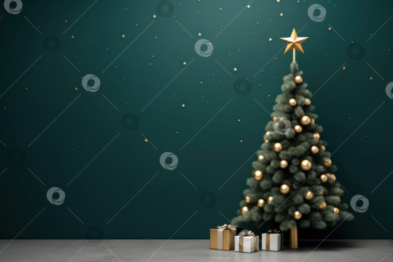 Скачать Рождественская елка с гирляндой на зеленом фоне. Генеративный искусственный интеллект. фотосток Ozero