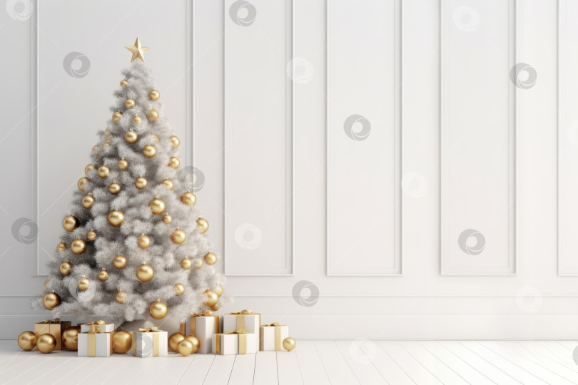 Скачать Рождественская елка с золотыми безделушками на белом фоне. Генеративный искусственный интеллект. фотосток Ozero