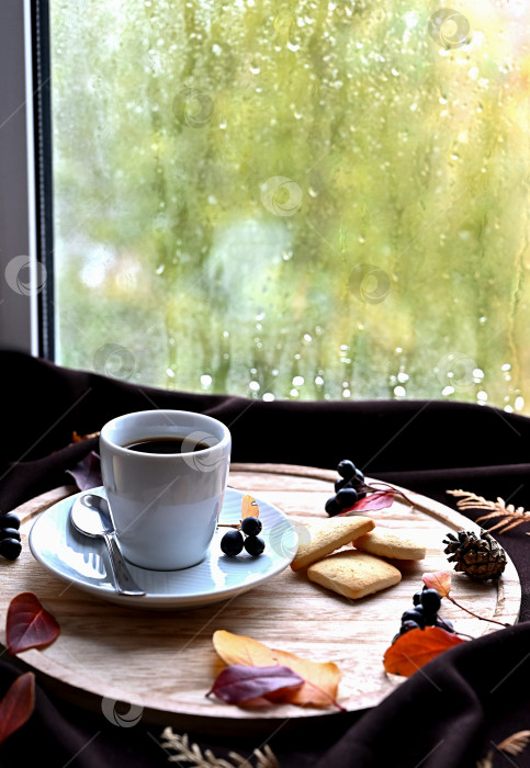 Скачать Осенний натюрморт с чашкой кофе, печеньем и бордовыми листьями фотосток Ozero