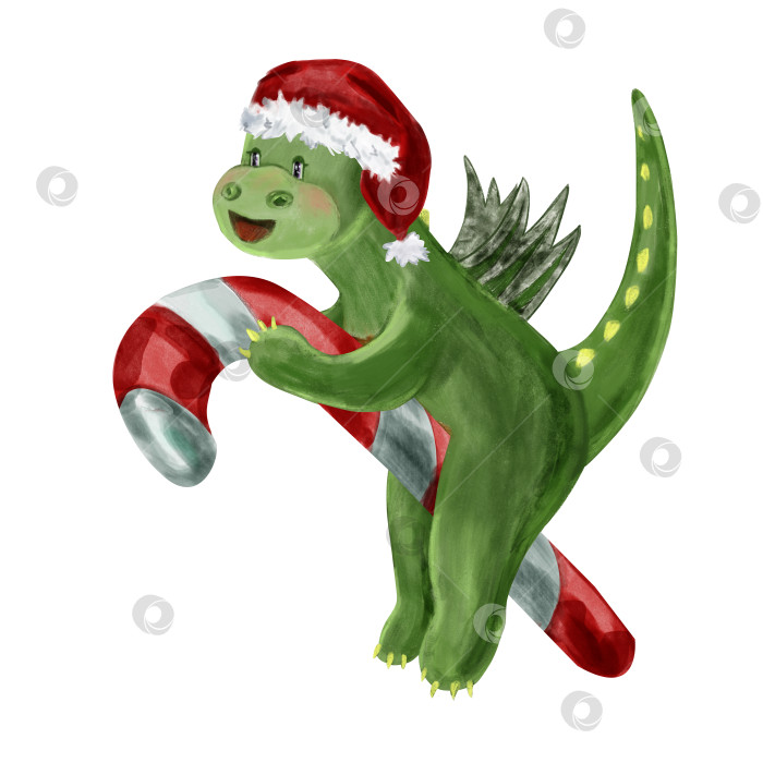 Скачать Мультяшный милый акварельный дракон в праздничной шляпе Санты с рождественской конфетой, выделенной на белом фоне. Акварельная иллюстрация фотосток Ozero