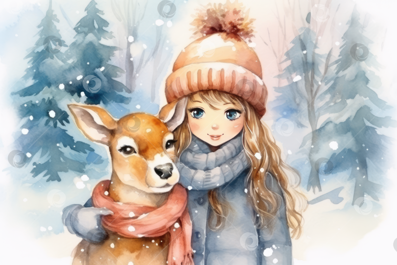 Скачать Поколение искусственного интеллекта. Девушка с оленем в зимнем лесу. Акварельная иллюстрация. фотосток Ozero