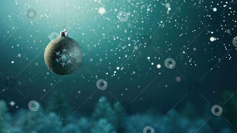 Скачать Красивая рождественская безделушка, висящая на заднем плане со снежными искорками. Рождественская открытка со стеклянным шаром. Сгенерированный искусственный интеллект. фотосток Ozero