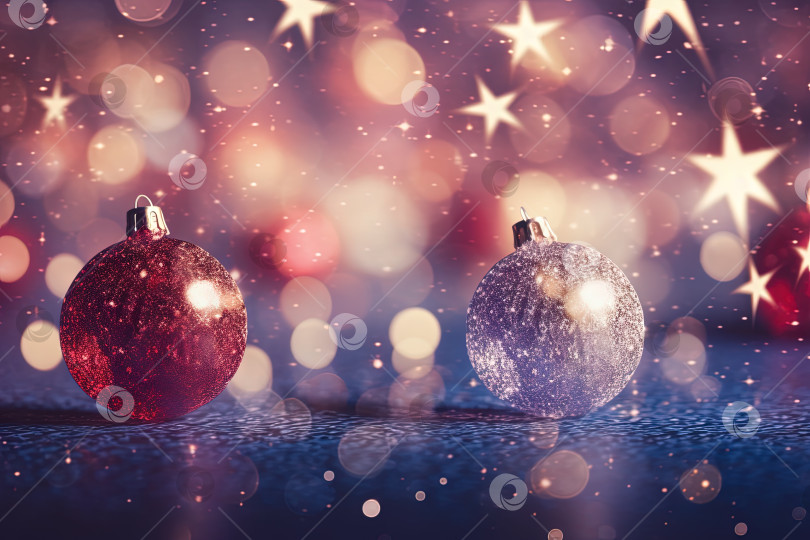 Скачать Рождественские стеклянные шары на размытом фоне с эффектом боке. Поздравительная открытка на зимние праздники. Сгенерированный искусственный интеллект. фотосток Ozero