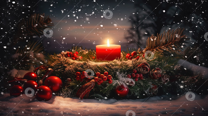 Скачать Рождественская открытка со свечой и венком из омелы. Открытка на зимние праздники с безделушками и свечами. Сгенерированный искусственный интеллект. фотосток Ozero